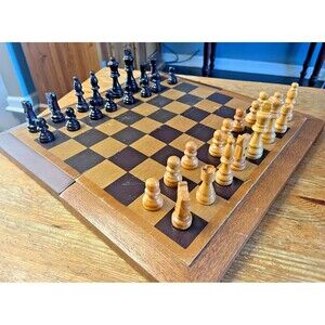 Vintage Wooden Chess Set Wood Hand Carved Folding Case Board Game Primitive